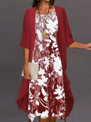 Plus Solid 3/4 Sleeve Cardigan & Floral Print Dress Outfit Set