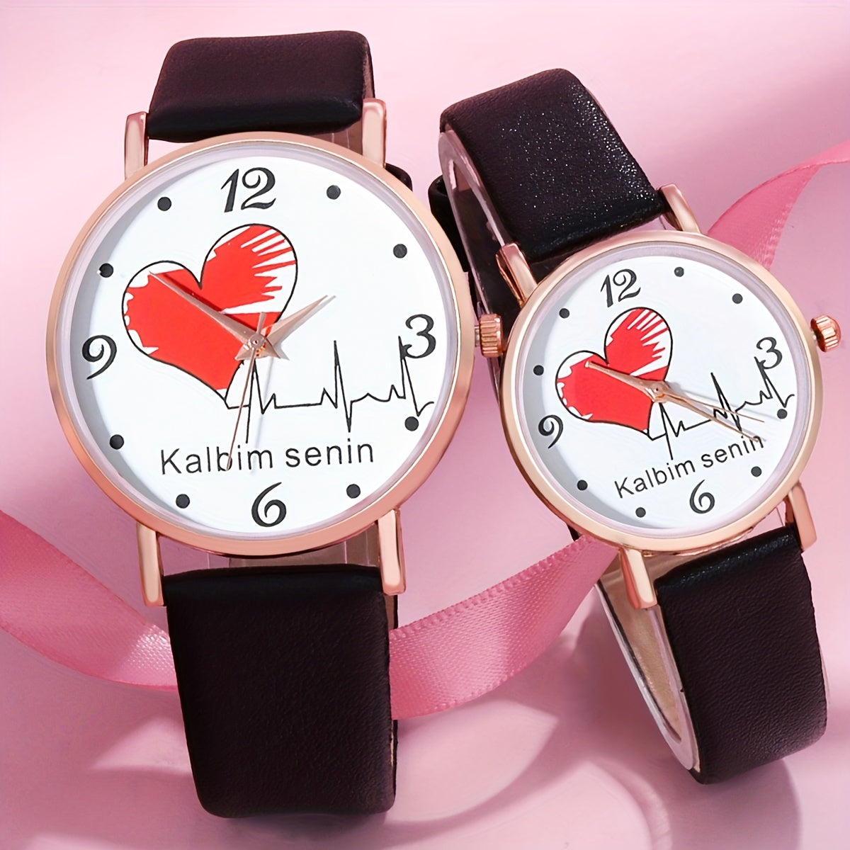 Heart Romance Couple Digital Quartz Watch Pair with PU Leather Strap