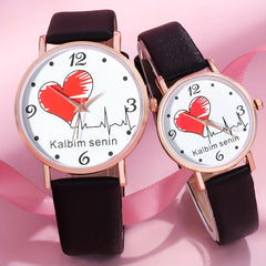 Heart Romance Couple Digital Quartz Watch Pair with PU Leather Strap