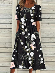 Floral Print High Waist Dress Short Sleeve Summer Dress