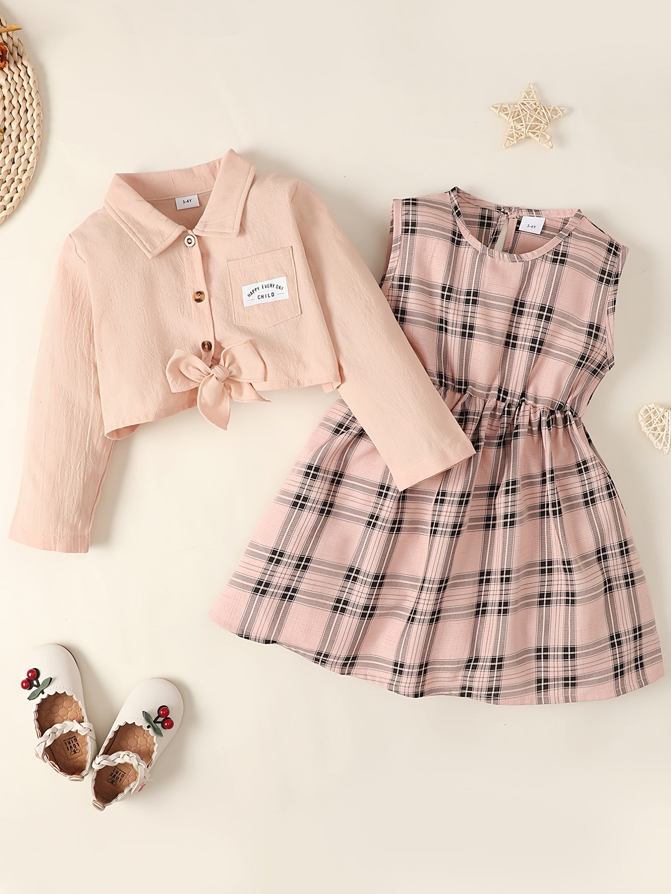 Girls Long Sleeve Shirt & Sleeveless Plaid Dress Baby Kids Clothes