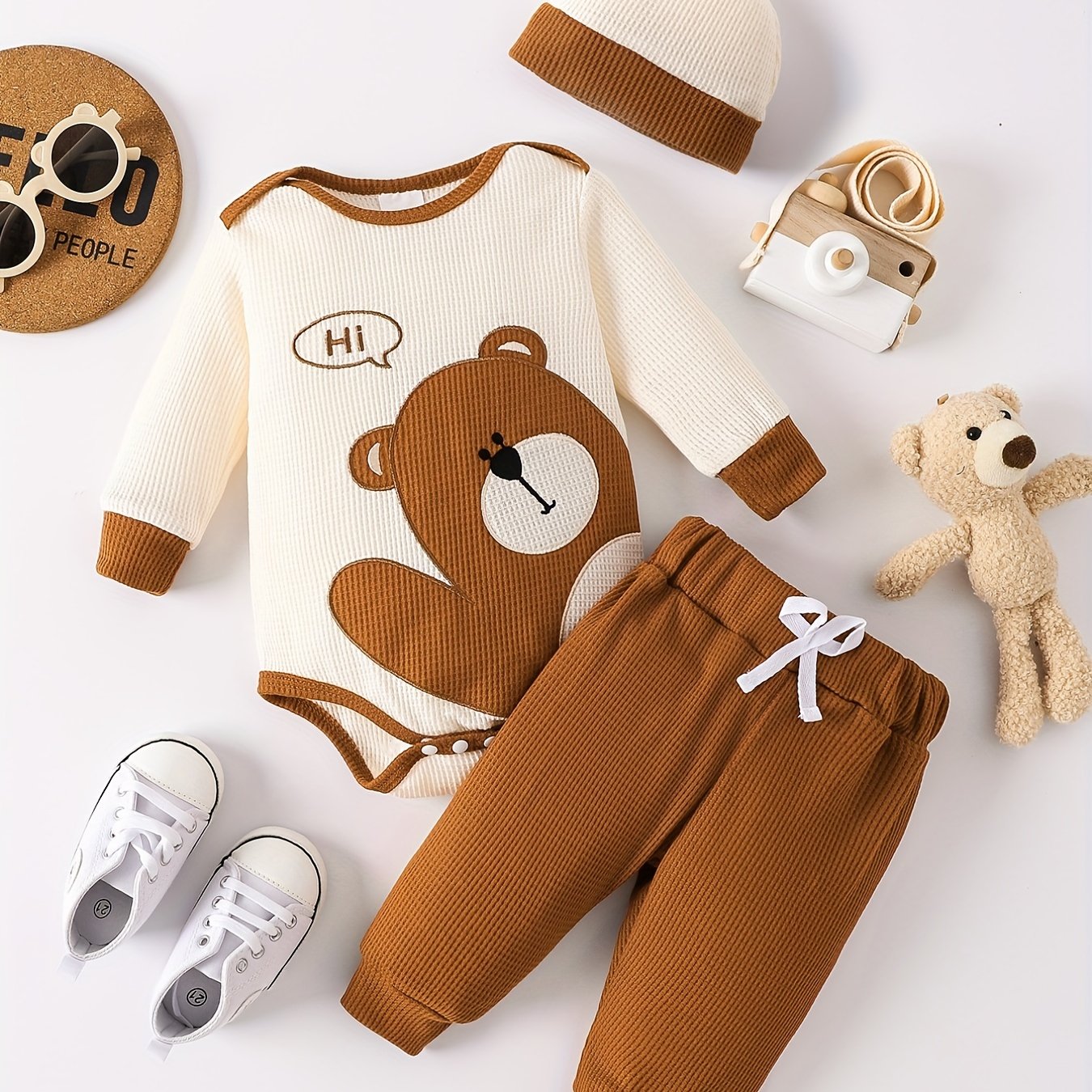 Waffle Bear Embroidery Outfit Toddler Baby Boys Clothes Long Sleeve