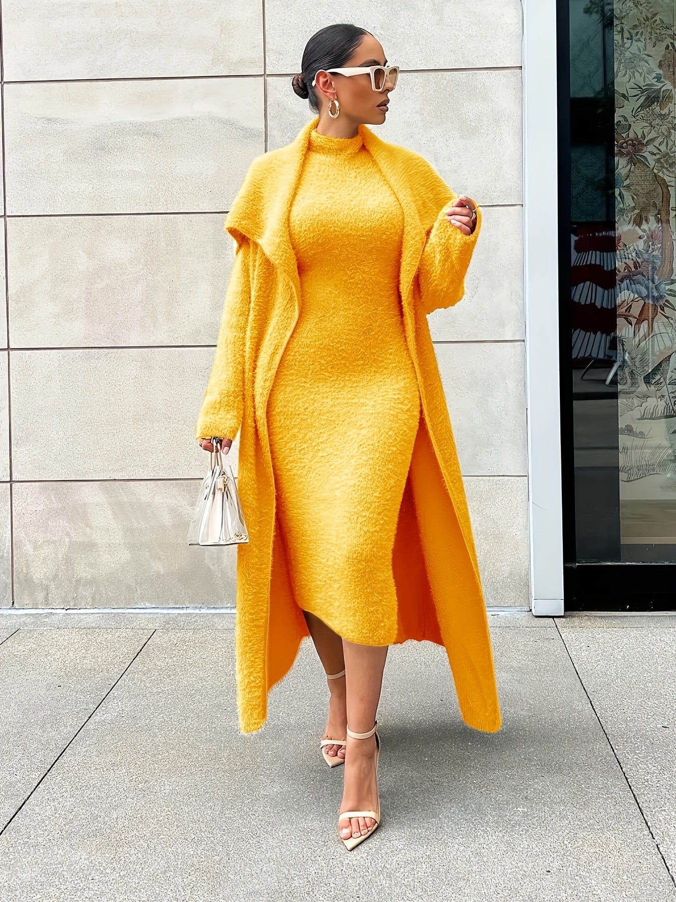 Solid Flannel Cardigan & Midi Dress Set