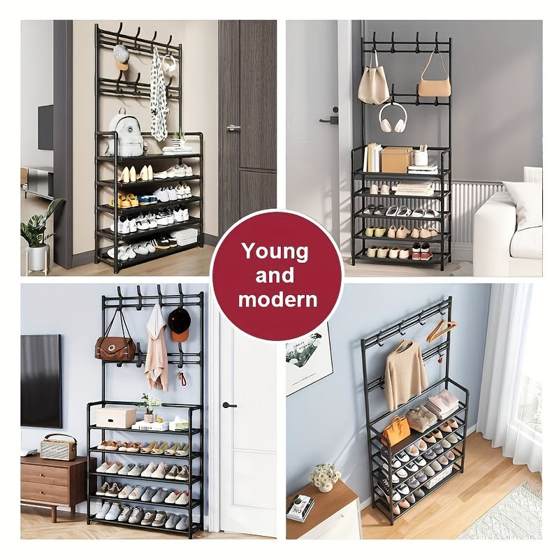 Clothes Storage Rack With Hooks & Shoe Storage Shelf