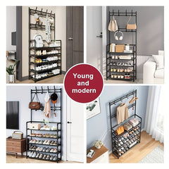 Clothes Storage Rack With Hooks & Shoe Storage Shelf