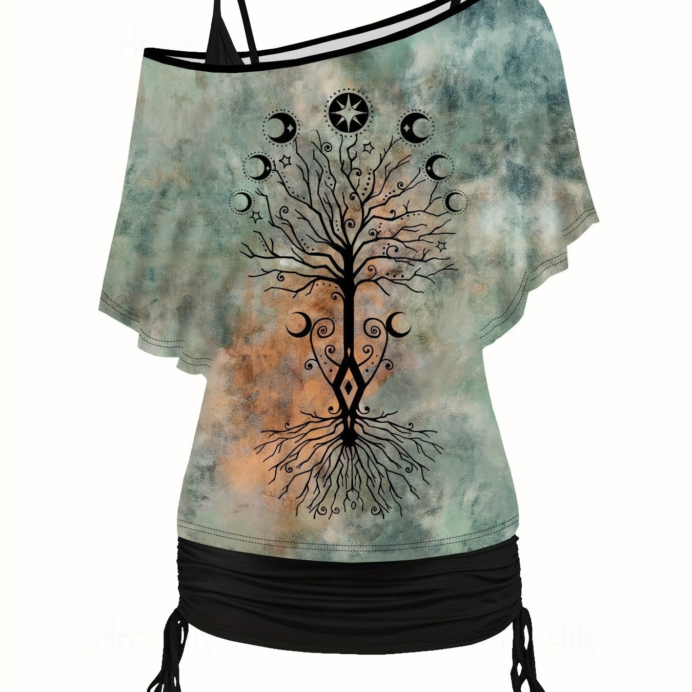Plant Print 2 Piece Set Cold Shoulder & Ruched Cami Outfits