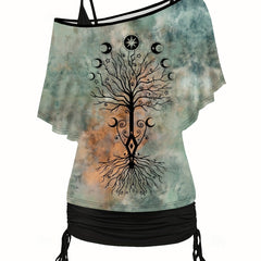 Plant Print 2 Piece Set Cold Shoulder & Ruched Cami Outfits