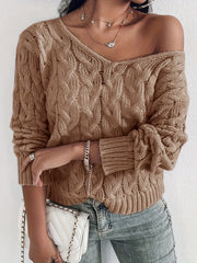Casual Sweater Solid Cable Knit Long Sleeve V Neck Loose
