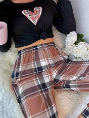 Heart Print Lounge Set Long Sleeve Top & Plaid Pants Women's Loungewear