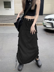 Drawstring Ruched Cargo Skirt with Flap Pockets