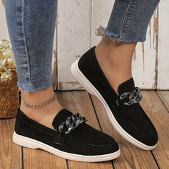 Women's Metallic Chain Decor Loafers Slip On Low Round Toe Solid Soft Sole Shoes
