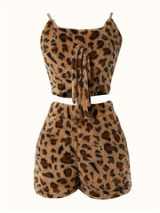 Leopard Fuzzy Pajama Set Cami Top & Shorts Sleepwear