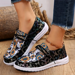 Women's Sunflower Print Canvas Shoes Slip On Flat Loafers Casual Sneakers