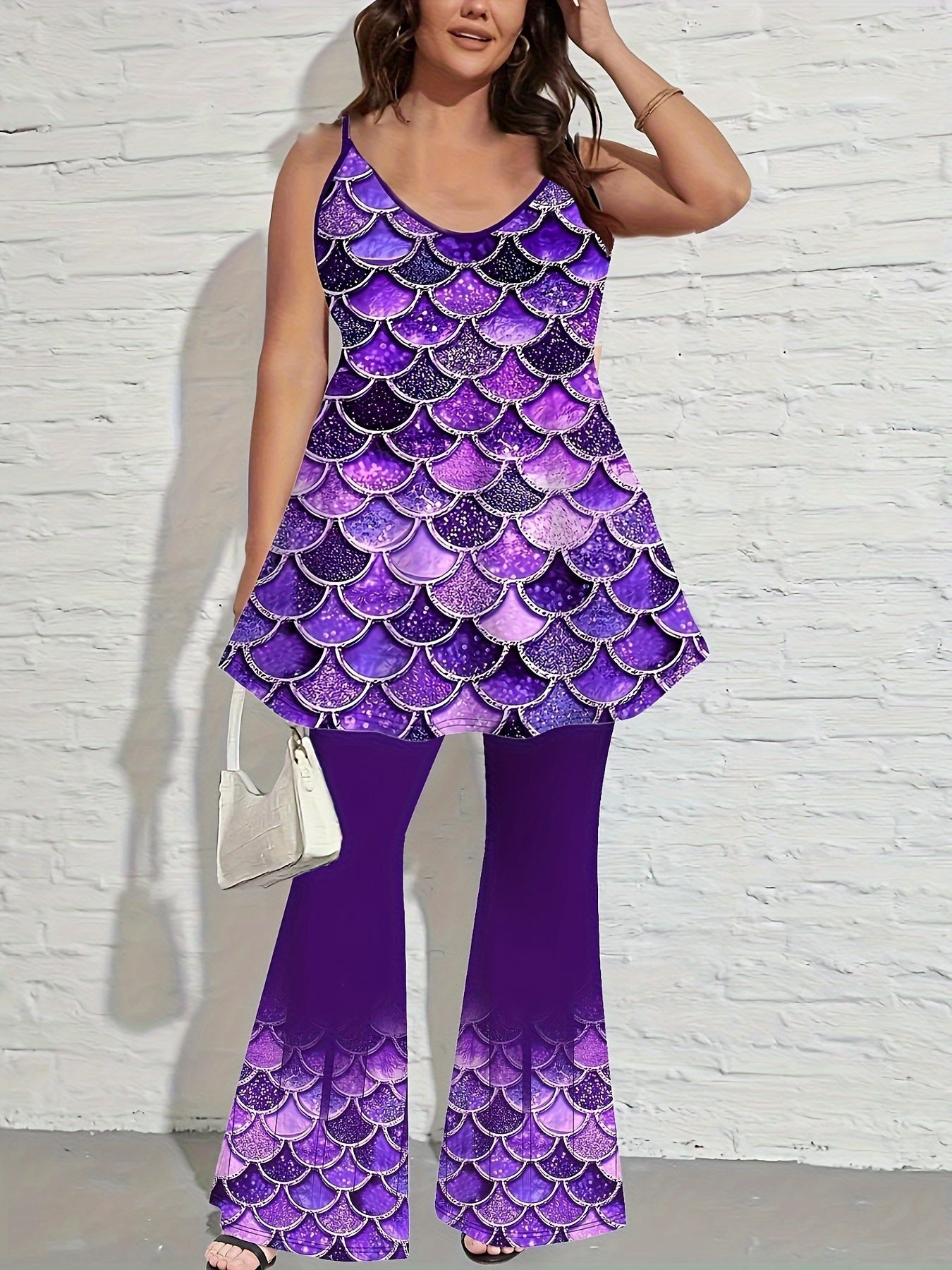 Fish Scales Print Cami Top & Flared Leg Pants Set