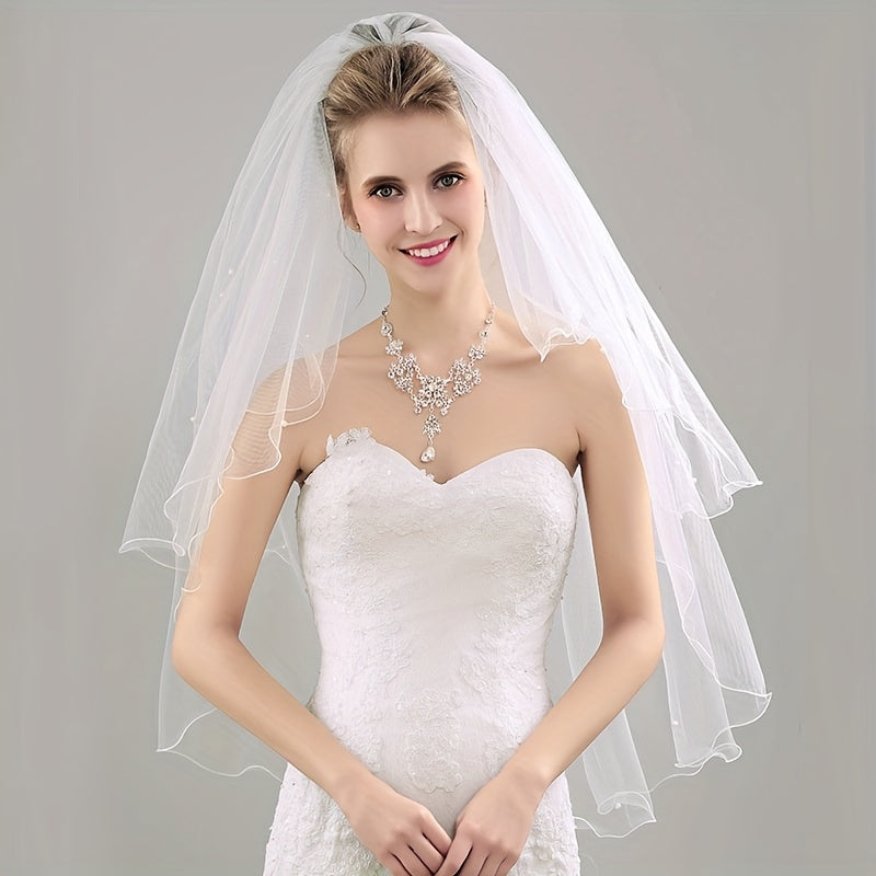 Bridal Veil with Beaded Embellishments Two Layer Lace Overlay for Weddings