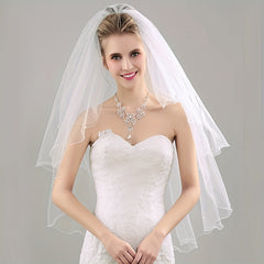 Bridal Veil with Beaded Embellishments Two Layer Lace Overlay for Weddings