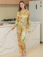 Floral Print Pajama Set Long Sleeve Buttons Top & Elastic Waistband Pants