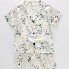 2pcs Kid's Floral Satin Pajama Set Short Sleeve Button Front Top & Shorts
