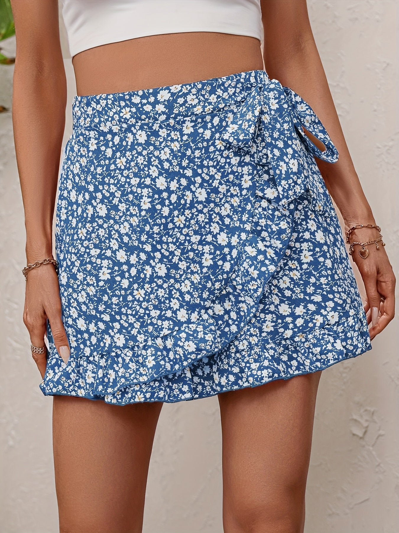 Floral Print Wrap Tie Shorts Casual Skort For Spring & Summer