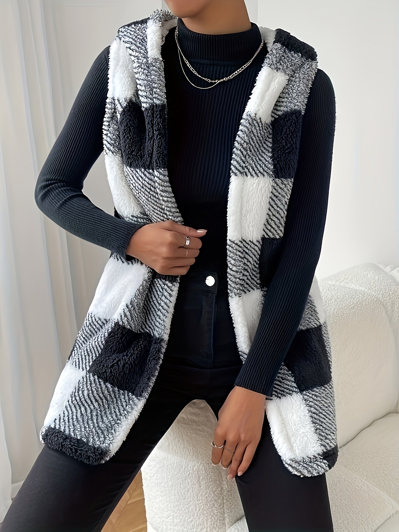 Plaid Print Hooded Vest Warm Teddy Vest
