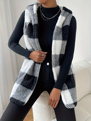 Plaid Print Hooded Vest Warm Teddy Vest