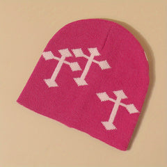 Cross Jacquard Gothic Beanie Y2K Knit Hat Solid Elastic Skull Hat