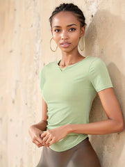 Solid V Notch Casual T Shirt Short Sleeves Quick Drying Sports Top Women's Activ