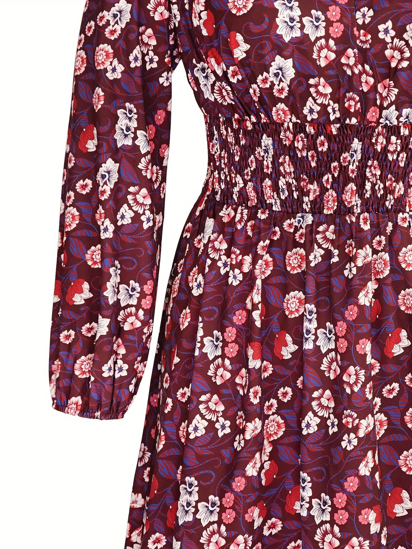 Floral Print Long Sleeve V Neck Waist Dress