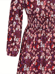 Floral Print Long Sleeve V Neck Waist Dress