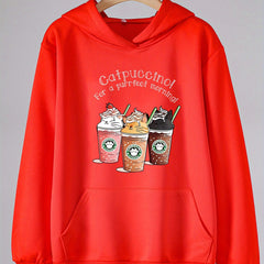 Cat Coffee Print Hoodies Casual Sweatshirt Kangaroo Pocket Pullover for Girls