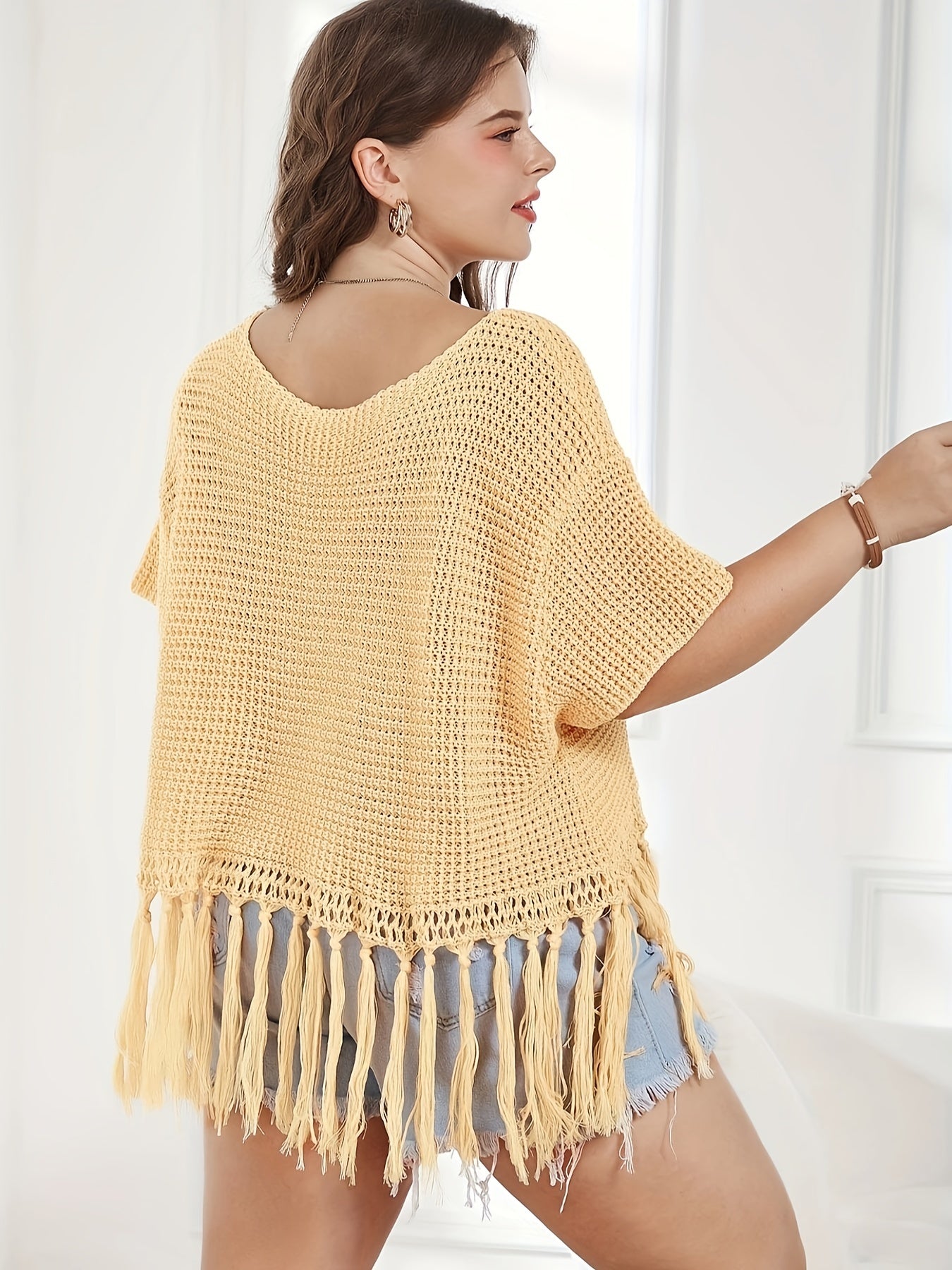 Vacay Sweater Women's Plus Solid Waffle Crochet Tassel Trim Crop Top