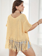 Vacay Sweater Women's Plus Solid Waffle Crochet Tassel Trim Crop Top