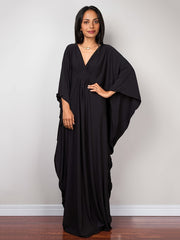 Solid Batwing Sleeve V Neck Beach Kaftan Cover Up