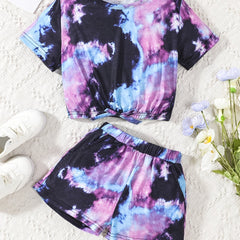 2pcs Girls Tie Dye T Shirt Crop Tee Top & Shorts Set Kids Clothes