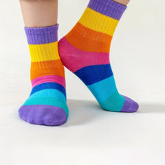 Girl's Rainbow Striped Knitted Crew Socks for Outdoor Wear