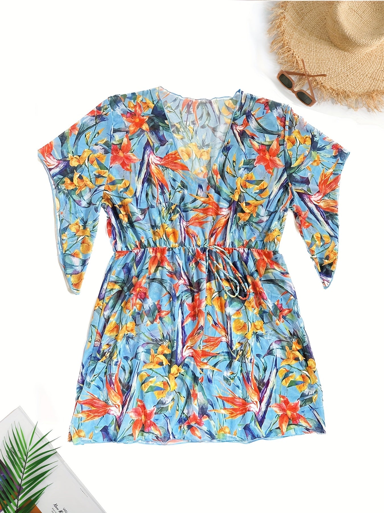 Tropical Print Cover Up Drawstring V Neck