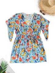 Tropical Print Cover Up Drawstring V Neck