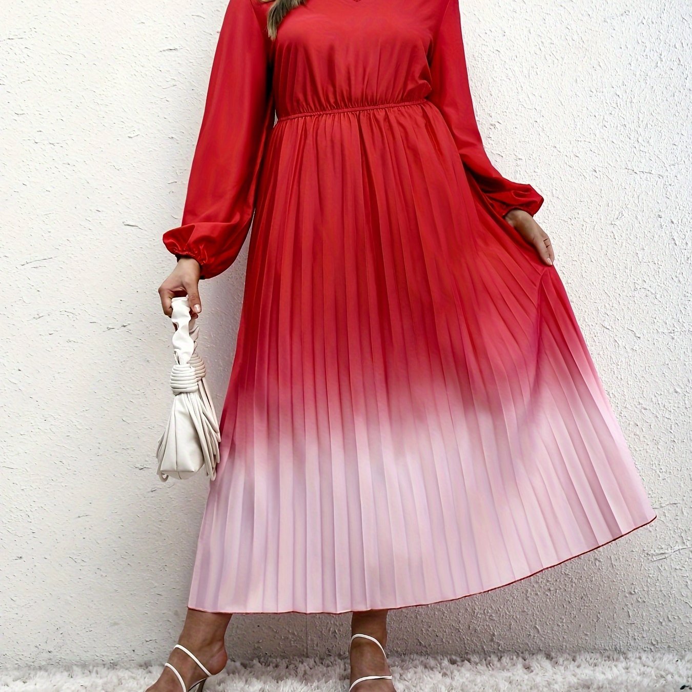 Ombre Print Long Sleeve V Neck Pleated Dress