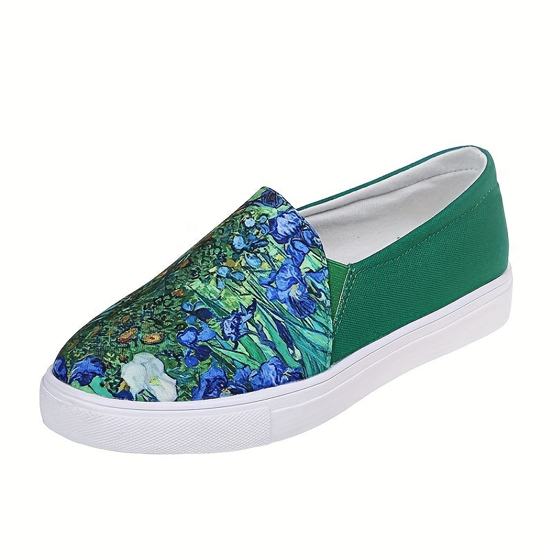 Women's Green Landscape Print Loafers Casual Slip On Canvas Shoes