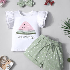 3pc Girls Watermelon Print T shirt & Polka Dot Shorts Set