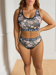 Floral Print Letter Tape Bra & Panty Set