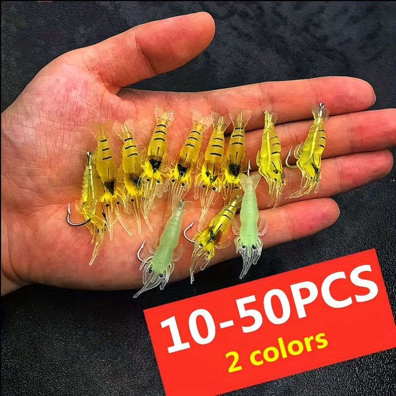 Luminous Soft Silicone Shrimp Baits with Iron Worm Hook - 50 pcs