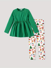 2pcs Girl Floral High Low Tee & Polka Dots Leggings Set Spring Fall