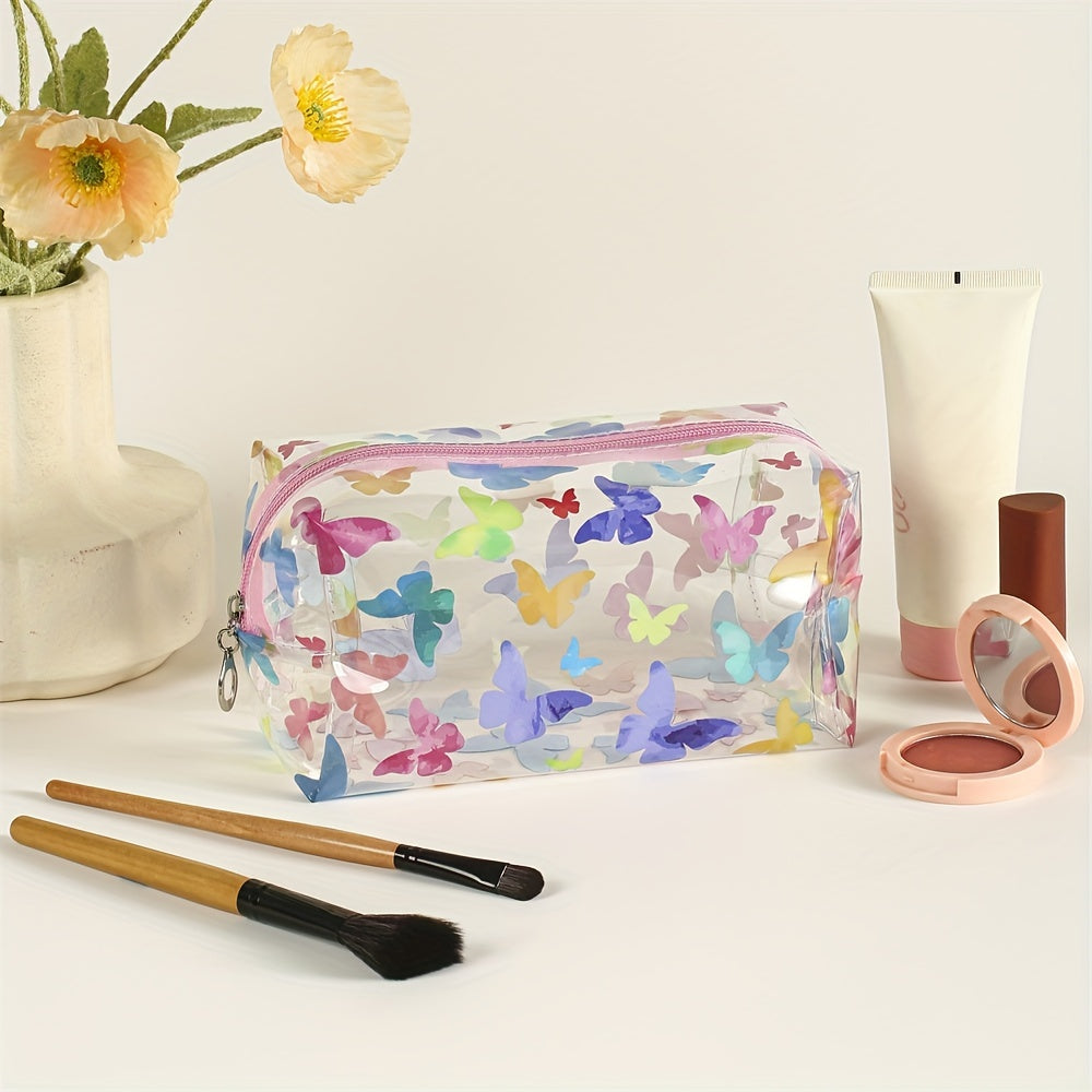 Colorful Butterfly Square Makeup Bag PVC Waterproof Zipper Roomy Makeup Pouch