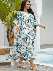 Boho Cover Up Women's Plus Tropical Print Batwing Sleeve V Neck Split