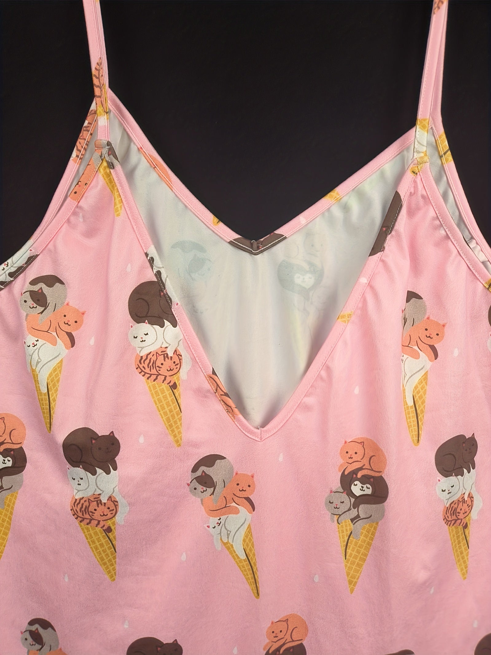 Lounge Dress Women's Plus Cat Ice Cream Print V Neck Nightdress