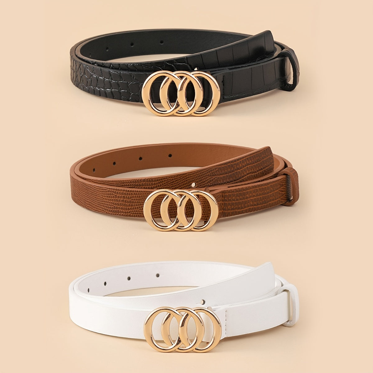 3pcs Round Buckle Classic PU Leather Belt Girls Casual Jeans Dress
