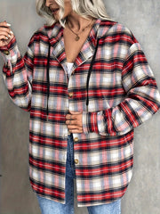 Plaid Print Long Sleeve Button Up Hoodie Drawstring Shirt Top