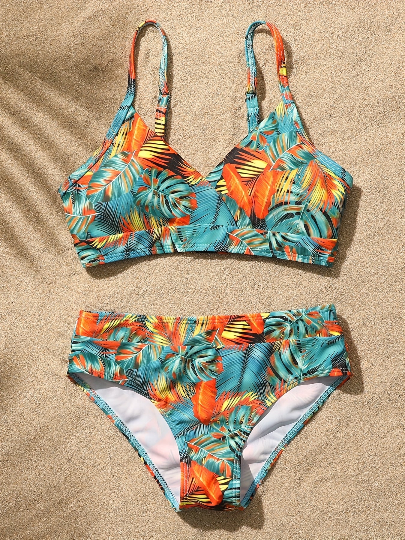 2pcs Girl's Tropical Leaf Cami Top & Shorts Bikini Swimsuit Set