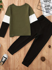 Boy's Block Stitching 2pcs Long Sleeve Top & Sweatpants Set